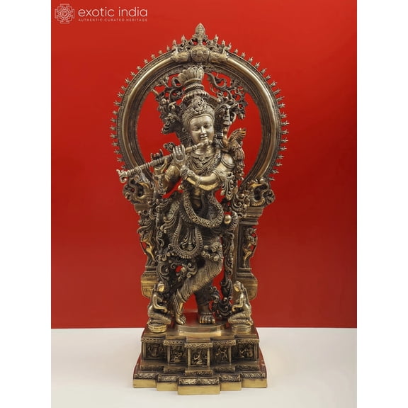 Large Lord Krishna and Gopis on Pedestal - Handmade Brass Sculpture