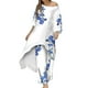 thumbnail image 2 of ICHUANYI Clearance Women's Summer Casual Printing Irregular Printing 9/4 Sleeve Round Neck Top+Wide Leg Pants Casual Two Piece Set Short Sleeve V-Neck Top/Shirt Set(Light Blue, M) ICHUANYI WER2023081507705, 2 of 8