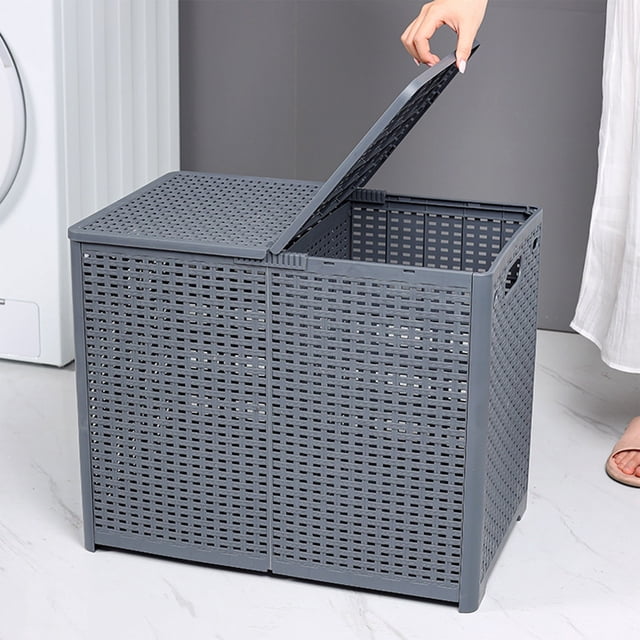 YIMWNYI Foldable Dirty Clothes Basket, Plastic Laundry Basket, Durable Storage with Divider, Space-Saving Design, Odor-Proof Wicker Style, Home Organization Solution