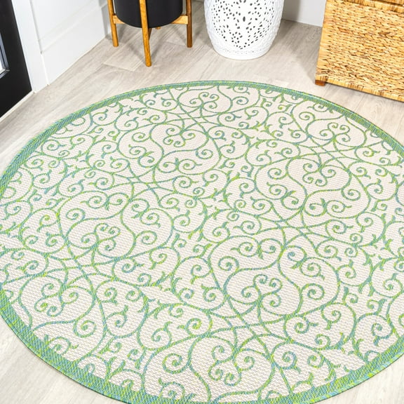 JONATHAN Y SANTA MONICA 5' Round Area Rug, Madrid Vintage Filigree Textured Weave - Cream/Green, SMB107J-5R