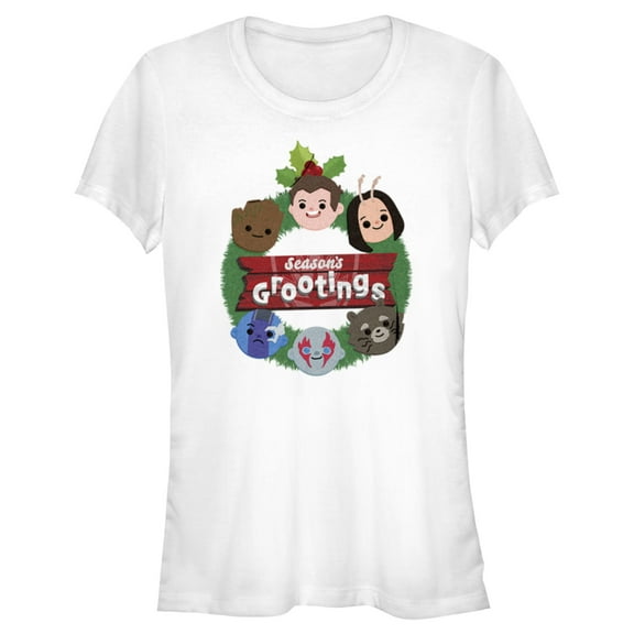 Junior's Guardians of the Galaxy Holiday Special Season's Grootings Cute Characters Graphic Tee White Medium