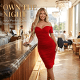 thumbnail image 3 of Women's Elegant Ruched Bodycon Midi Dress Off Shoulder Short Sleeve Cocktail Evening Dress, 3 of 5