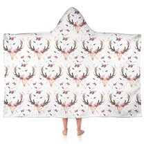 White Deer Antler Flower Pattern Hooded Bath Towel，50"x30" for Ages 3 To 12 Kids, Quick Dry Lightweight Soft Microfiber Hood Beach Towel Cover Up for Kids