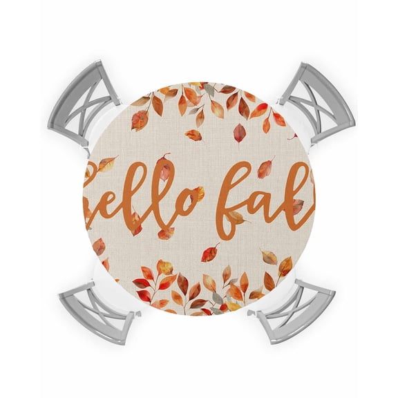 nqOlkjepod Hello Fall Round Tablecloth, Fitted Table Cover with Elastic for 45"-54" Round Tables, Orange Red Maple Leaf Botanical Rustic Table Cloth Outdoor Dinning Party Waterproof Tablecloths