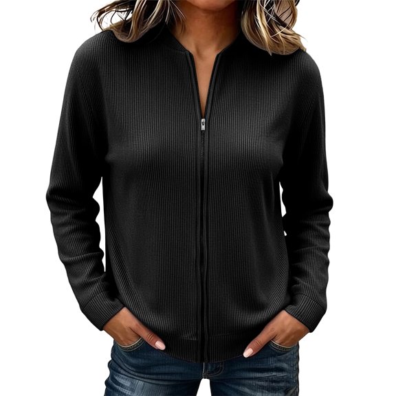 Ke1Clo Corduroy Jacket for Women Casual Fashion Zip Up Long Sleeve Cardigan Flowy Slim Fall Winter Comfy Coat Black L