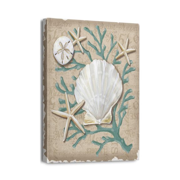 Soothing Beach Wall Art 12x16in Seashell and Starfish Bathroom Paintings, Ocean Blue Canvas Pictures for a Restful Nautical Bedroom.