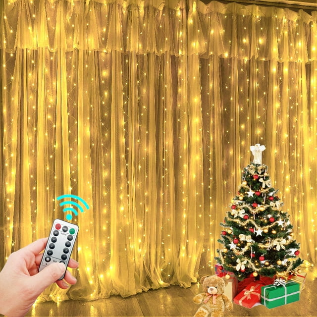 Cocomy 9.8ft x 9.8ft LED Curtain Lights Christmas Twinkle Star 300 LED Window Curtain String Lights with 8 Lighting Modes Remote Control USB for Xmas Wall Indoor Decoration