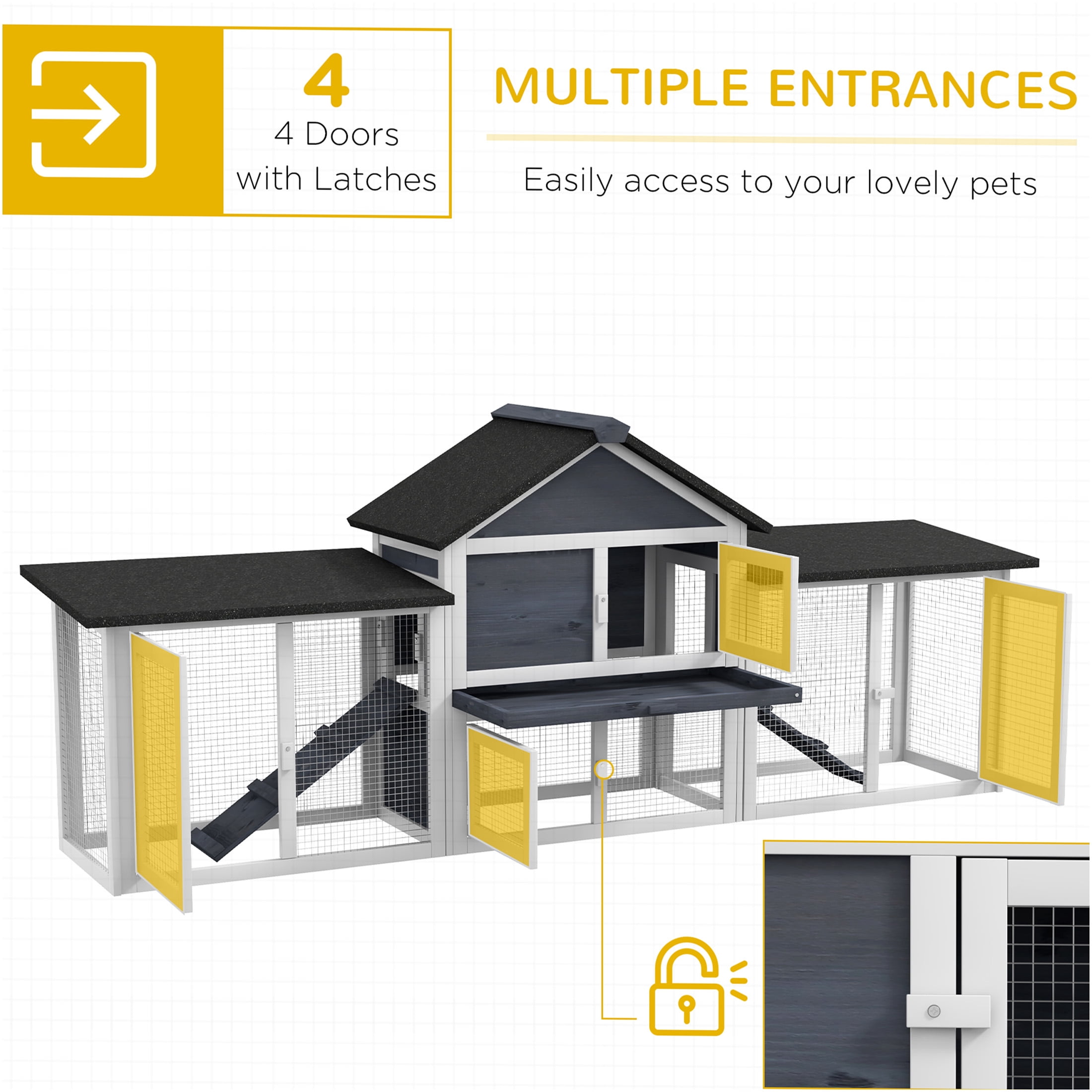 JERFIT 83 Inch Large Outdoor Rabbit Hutch with Double Runs, Weatherproof Wooden Bunny Cage Indoor Outdoor Use, Removable Tray, Gray