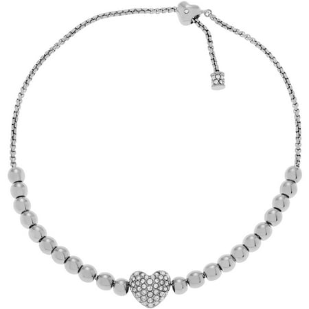Michael Kors Women's Crystal Silvertone Stainless Steel Beaded Heart Charm Fashion Bracelet, 8.5