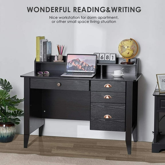 Homfa Computer Desk with Hutch and Drawers,  Home Office Executive Table, Black