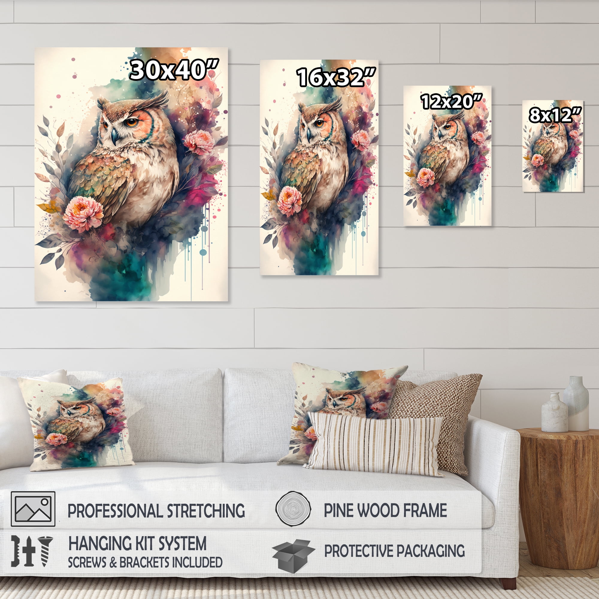 Designart Cute Owls Floral Art II Canvas Wall Art
