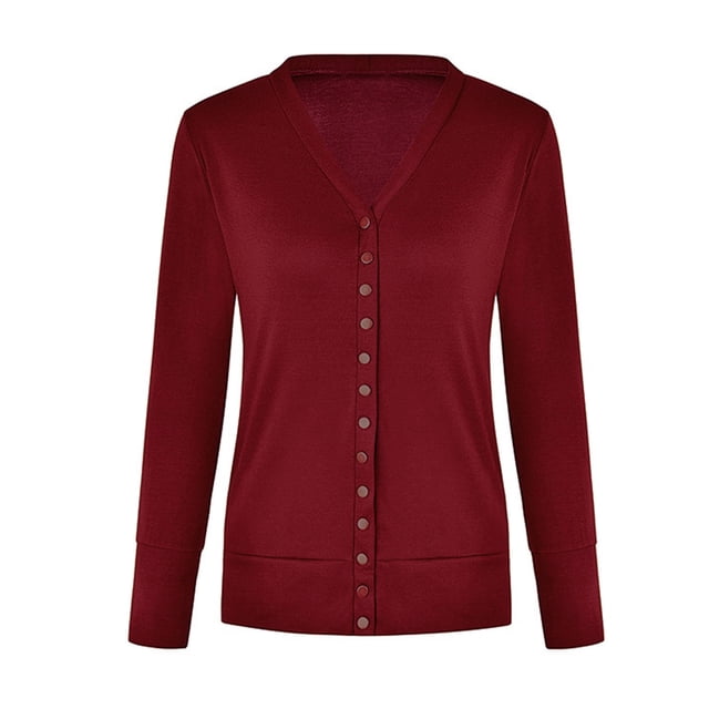 Qarigey Blusa con botones a presión para mujer, cárdigan con escote en V abierto en la parte delantera, ropa informal de Color sólido, Tops Prendas para la parte del cuerpo Vino rojo M