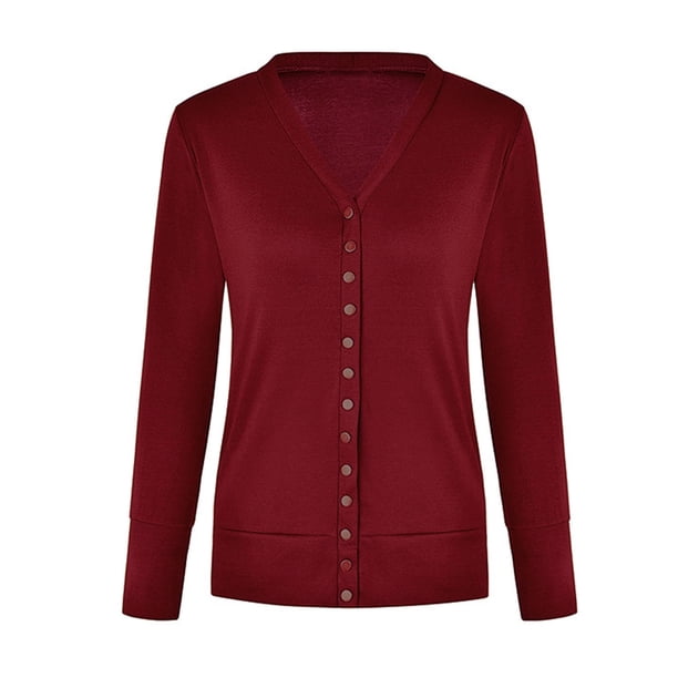 Qarigey Blusa con botones a presión para mujer, cárdigan con escote en V abierto en la parte delantera, ropa informal de Color sólido, Tops Prendas para la parte del cuerpo Vino rojo L