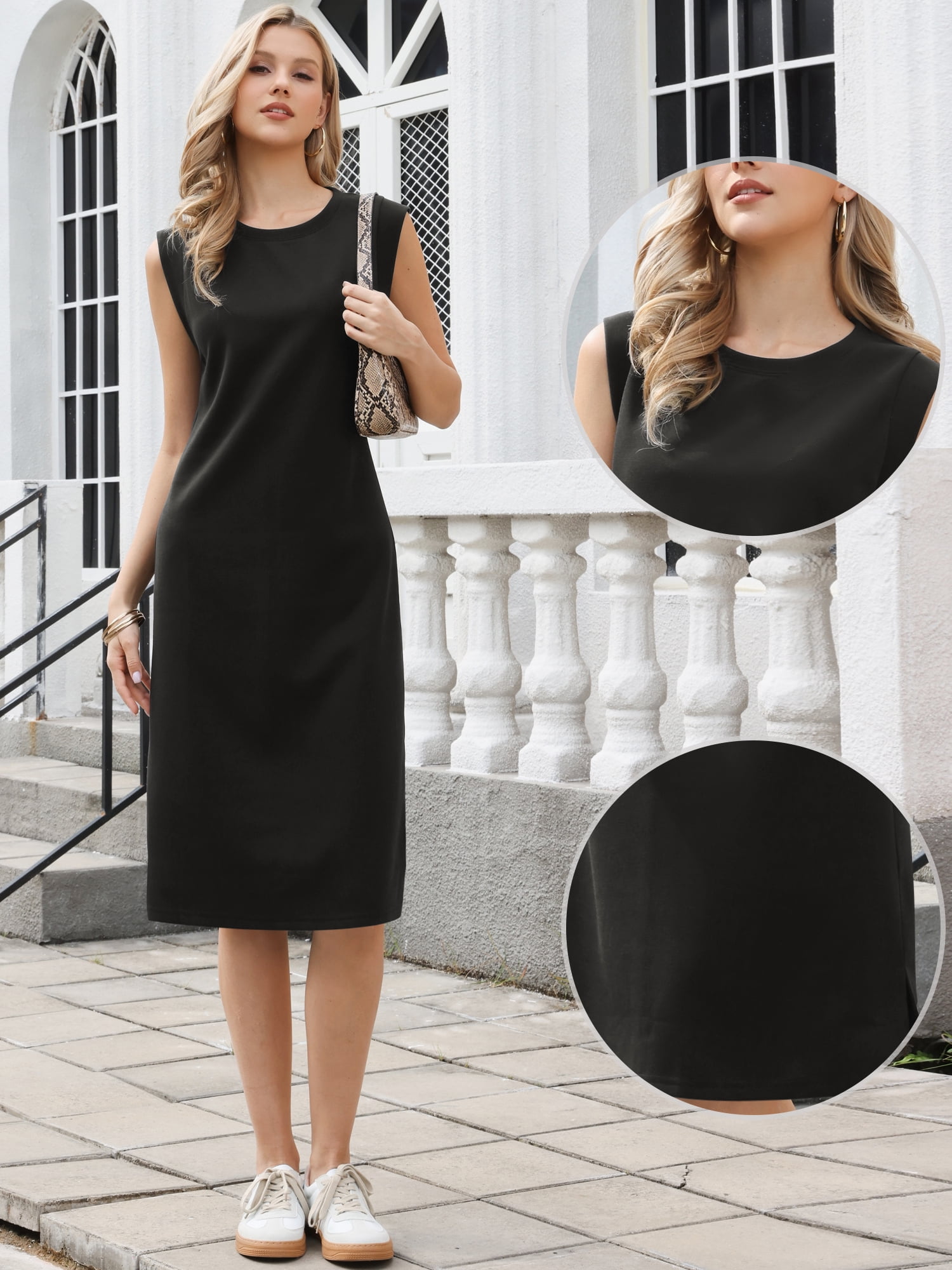 DARING DIVA Women's Cap Sleeve Midi Round Neck Split Hem Dresses S Black