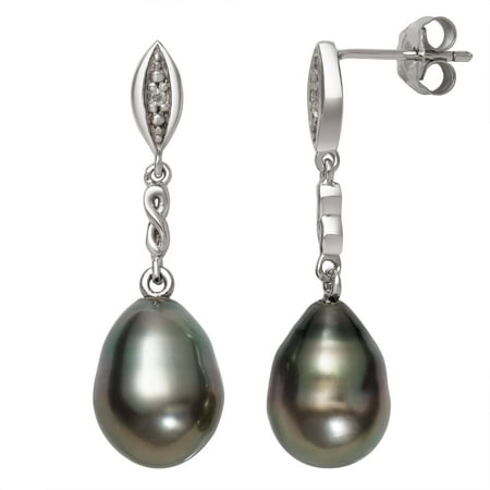 9-10mm Drop Tahitian Black Pearl and Diamond Accent Sterling Silver Drop Earrings