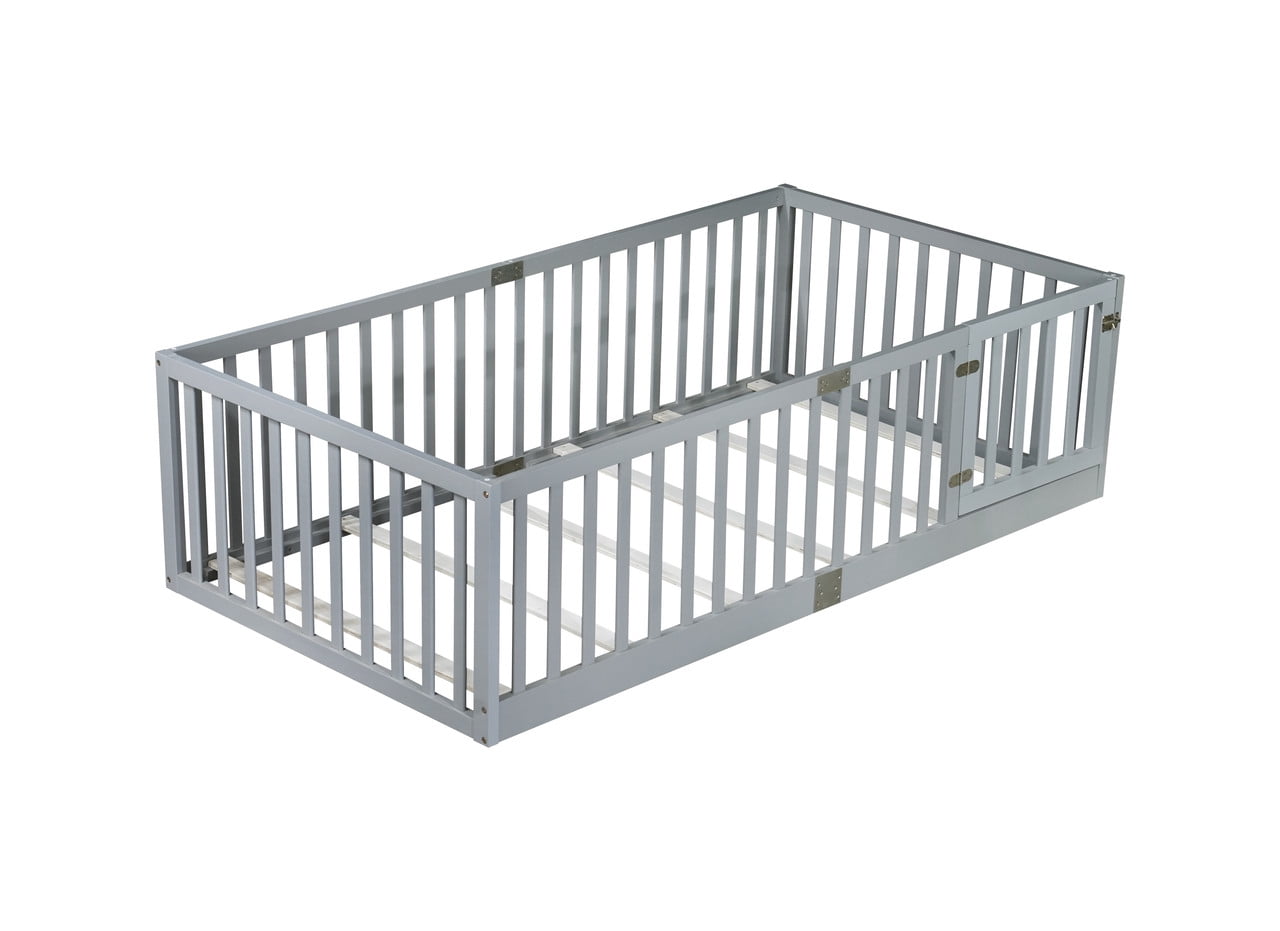 Mirightone Rubber Wood Twin Bed Frame with High Rails and Door, Montessori Floor Bed Twin with 6 Slats, No Box Spring Needed, Grey