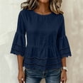 thumbnail image 5 of Lenpel Womens Cotton Linen Tops Fall 3/4 Length Sleeve Crew Neck Peplum Blouses Casual Fashion Hollow out Shirts, 5 of 7