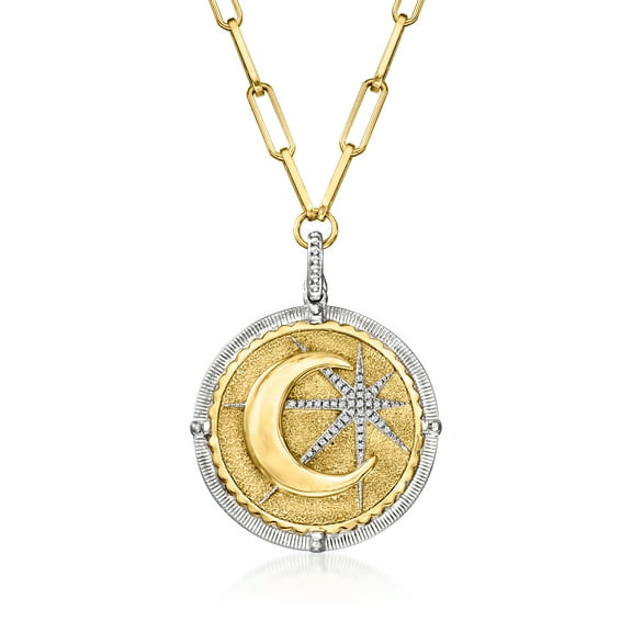 Ross-Simons 0.10 ct. t.w. Diamond Moon and Star Pendant Necklace in 2-Tone Sterling Silver, Women's, Adult