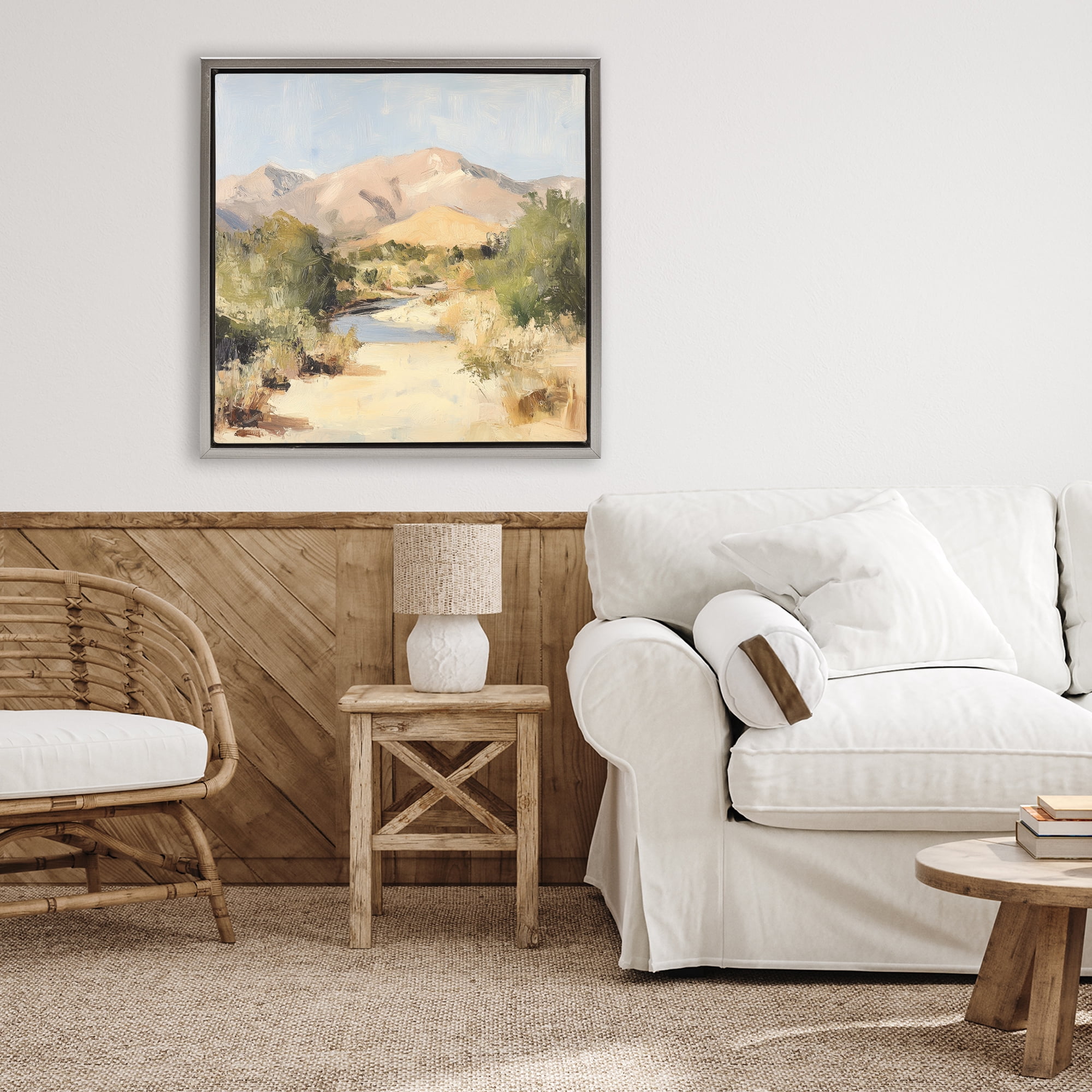 Stupell Industries Beige Desert Mountain Stream Gray Framed Floater Canvas Wall Art, design by Petal Prints Design