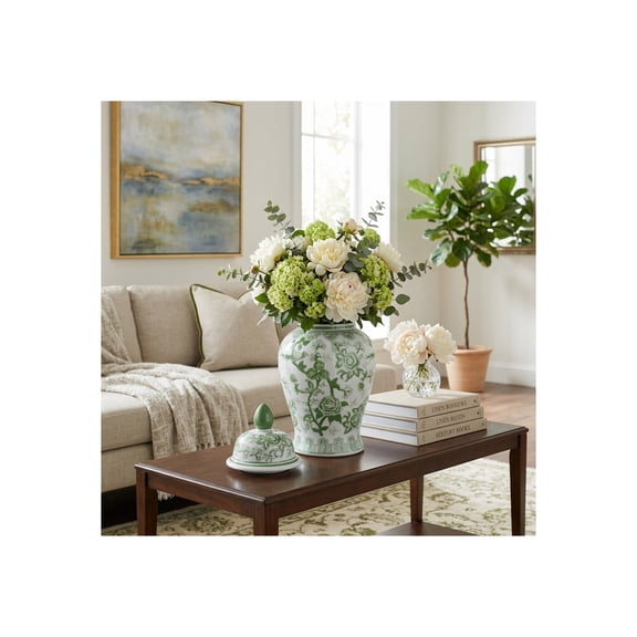 Contemporary Ceramic Jar for Living Room and Home Decor - Bird and Flower Jar Temple for House Accent or Table Styling - Modern Accent Piece for Room, Bedroom, or Office Display - 19", Green