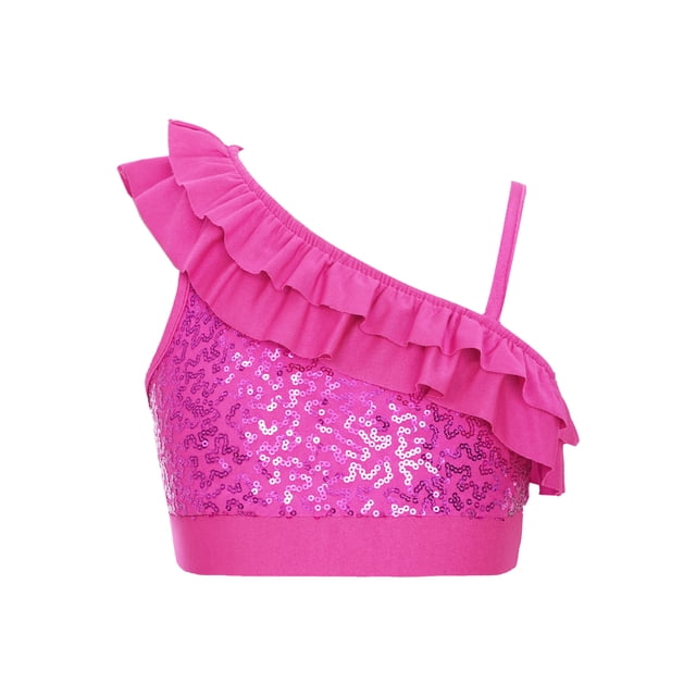 TiaoBug Kids Girls Asymmetrical Ruffled Sequin Performance Crop Tops Modern Jazz Hip Hop One Shoulder Dance Top Hot Pink 6
