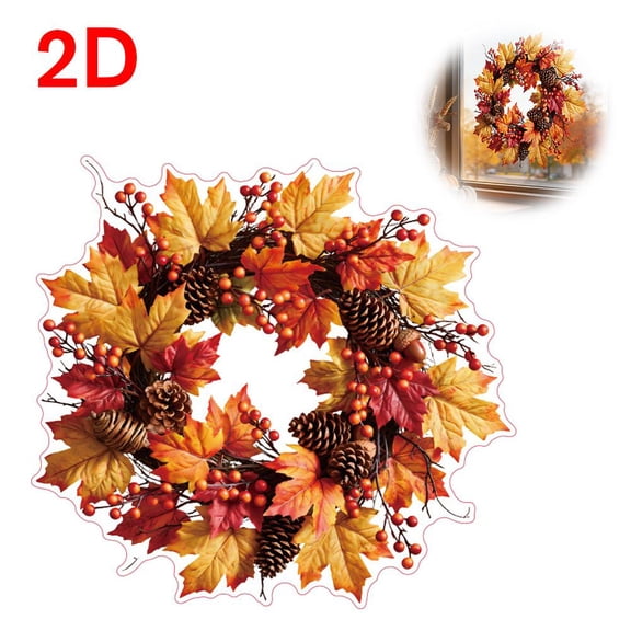 Fall Maple Leaf Pinecone Wreath Static Window Cling Glueless Reusable Double Sided Print Window Decal for Thanksgiving Halloween Home Glass Decor No Residue Removable Sticker