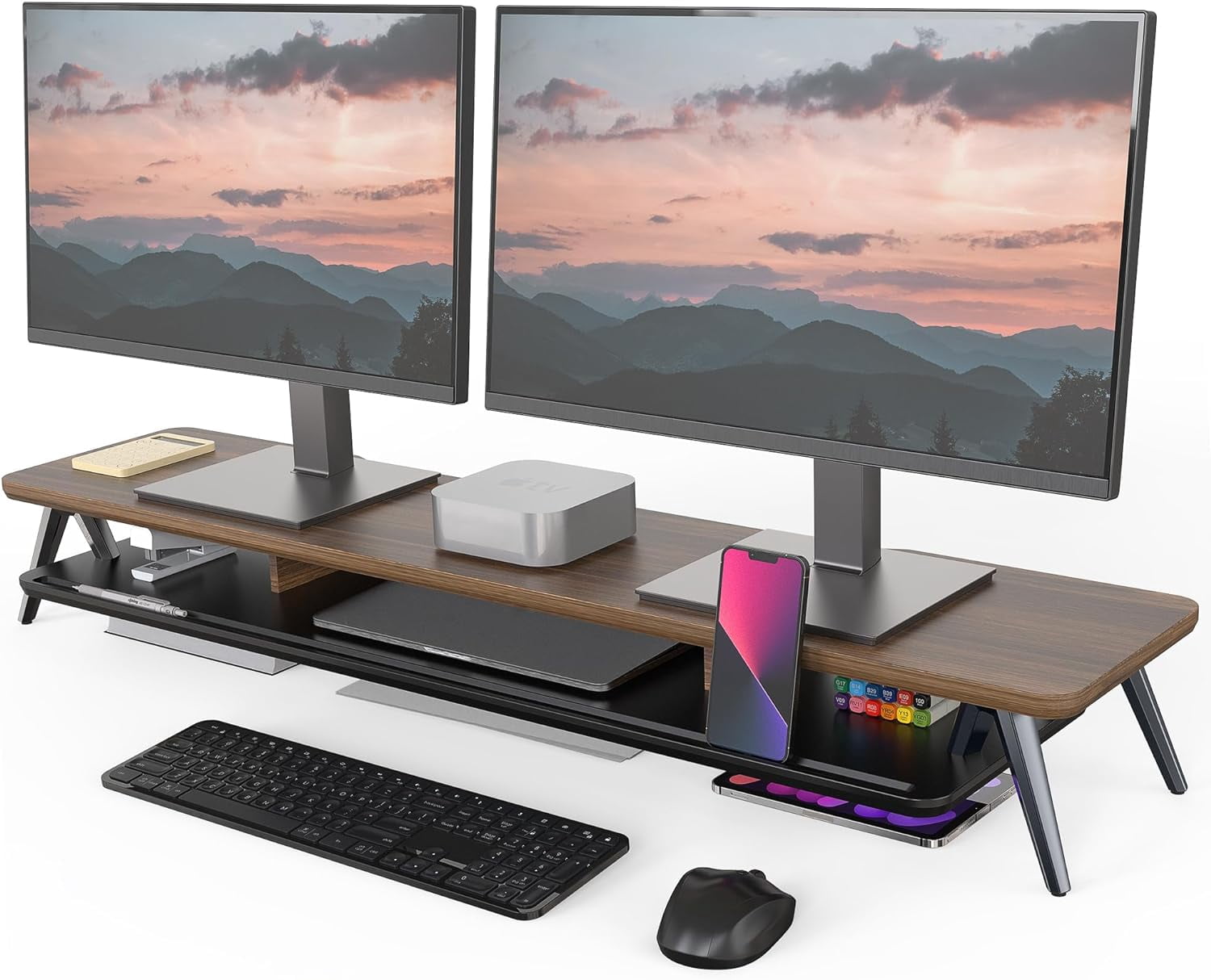 Dual Monitor Stand, Monitor Stands Riser for 2 monitors, 42.5 Inch Wood Desk Shelf with Storage Organizer and Cable Management for Office Desk Accessories