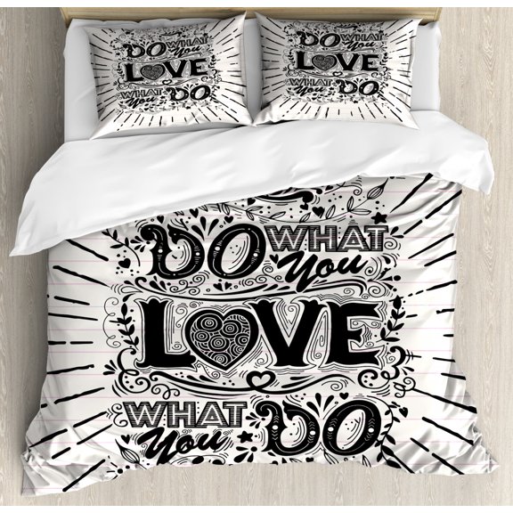 Love What You Do Duvet Cover Set Queen Size, Hand Drawn Vintage Illustration Hand-lettering and Ornate Elements, Decorative 3 Piece Bedding Set with 2 Pillow Shams, Off White Black, by Ambesonne