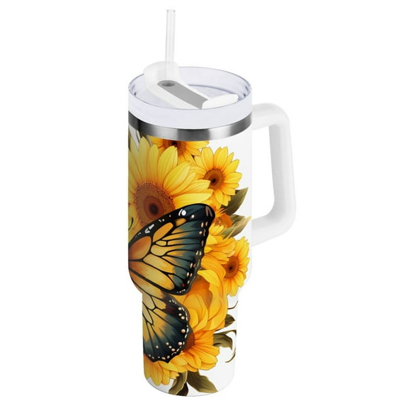 Butterfly in Sunflowers Tumbler with Handle and Straw Insulated Travel Mug Reusable Stainless Steel Water Bottle 40 oz