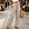 thumbnail image 5 of Linen Pants for Women Beach Vacation High Waist Elastic Drawstring Straight Leg Long Trousers with Pockets, 2XL, 5 of 7
