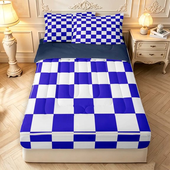 Manfei Contemporary Navy White Grid Zipper Twin Comforter Sets with Fitted Sheet and 2 Pillowcases,Checkered Art Zipper Bedding Set,Navy Blue Reversible,4pcs