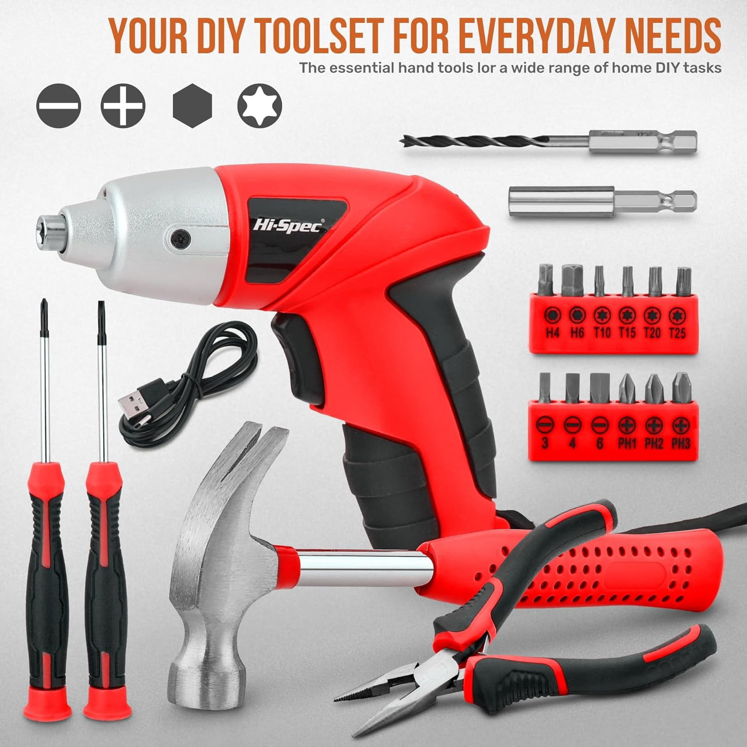 General 19pc 3.6V USB Small Power Screwdriver & Home DIY Tool Kit Set. Cordless & Rechargeable Electric Screwdriver and Compact Hand Tool Box Set,Red