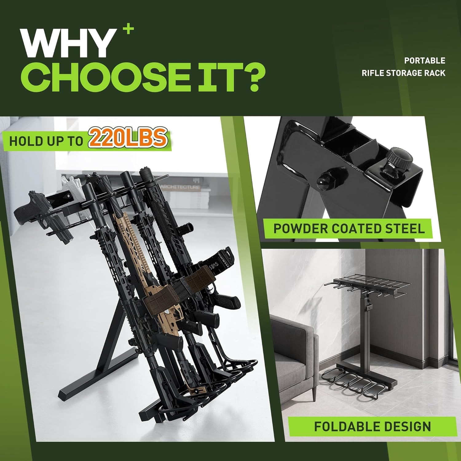 Kojem Portable Folding Gun Rack, Heavy Duty Steel Rifle Rack Stand for Shooting & Hunting Range, Holds 4 Rifles & 7 Pistols, Indoor/Outdoor Floor Gun Rack