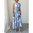 thumbnail image 6 of Blue Watercolor Floral Print Halter Neck Smocked Waist A-Line Maxi Dress For Women, 6 of 8