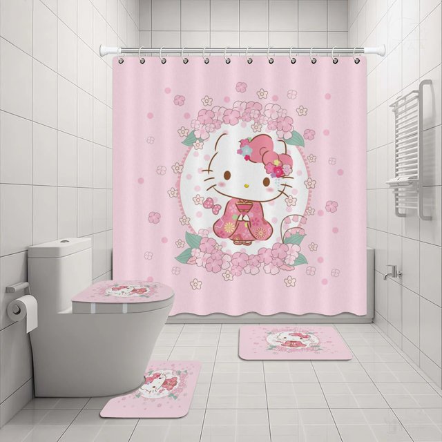 Hello Kitty Shower Curtain Set Sanrio Anime Printing Water Proof Shower Curtain Four Piece Set Carpet Toilet Lid U-Shaped Pad LS