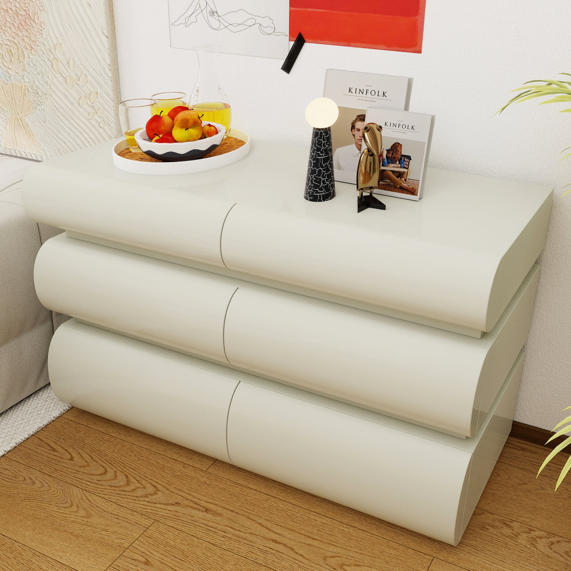 HIUU Modern dressers & chests of drawers with 6 Drawers, Dresser Cabinet Clothes Storage for Bedroom, Wooden Dressers Drawers with Spacious Tabletop（White）