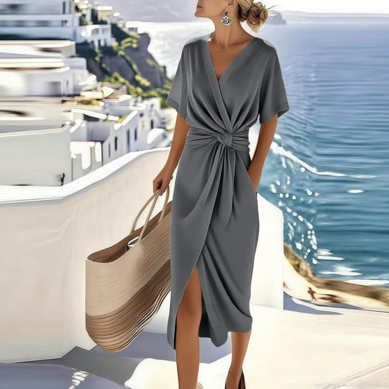 flowy cocktail dresses for wedding Linen Cocktail Dresses for Wedding Guest Outfit - Linen Summer Clothing - Bridesmaid or Mother of the Bride Dress - Elegant Flowy Wrap Dress