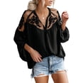 thumbnail image 1 of Blusas de encaje de crochet con cuello en V para mujer, camisas casuales holgadas con mangas abullonadas para otoño, blusas de gasa holgadas, 1 of 4