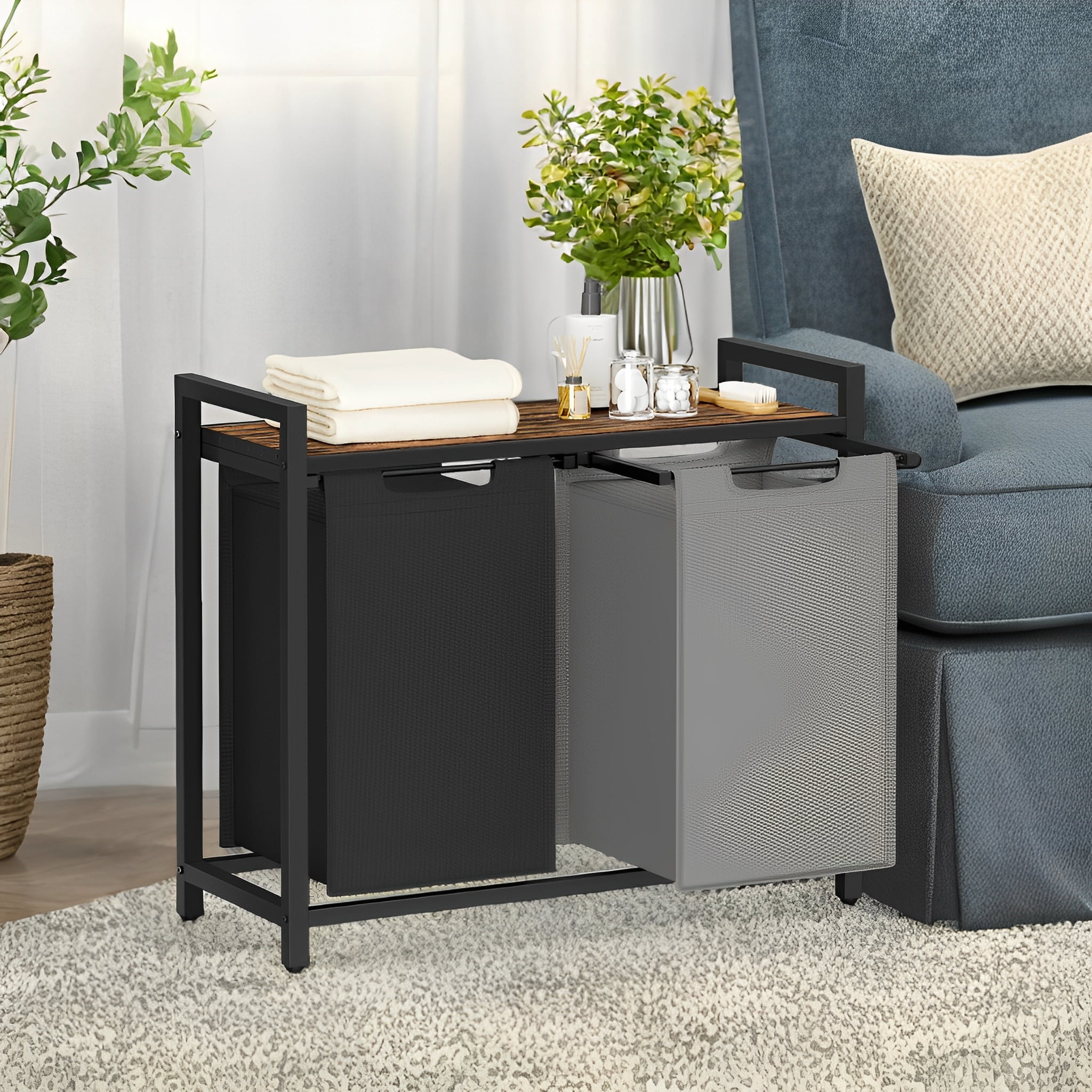 LEDREM 2-Compartment Laundry Hamper with Removable Bags & Storage Shelf, 92L Total Capacity, Steel Frame & Oxford Fabric, Rustic Brown and Charcoal Grey