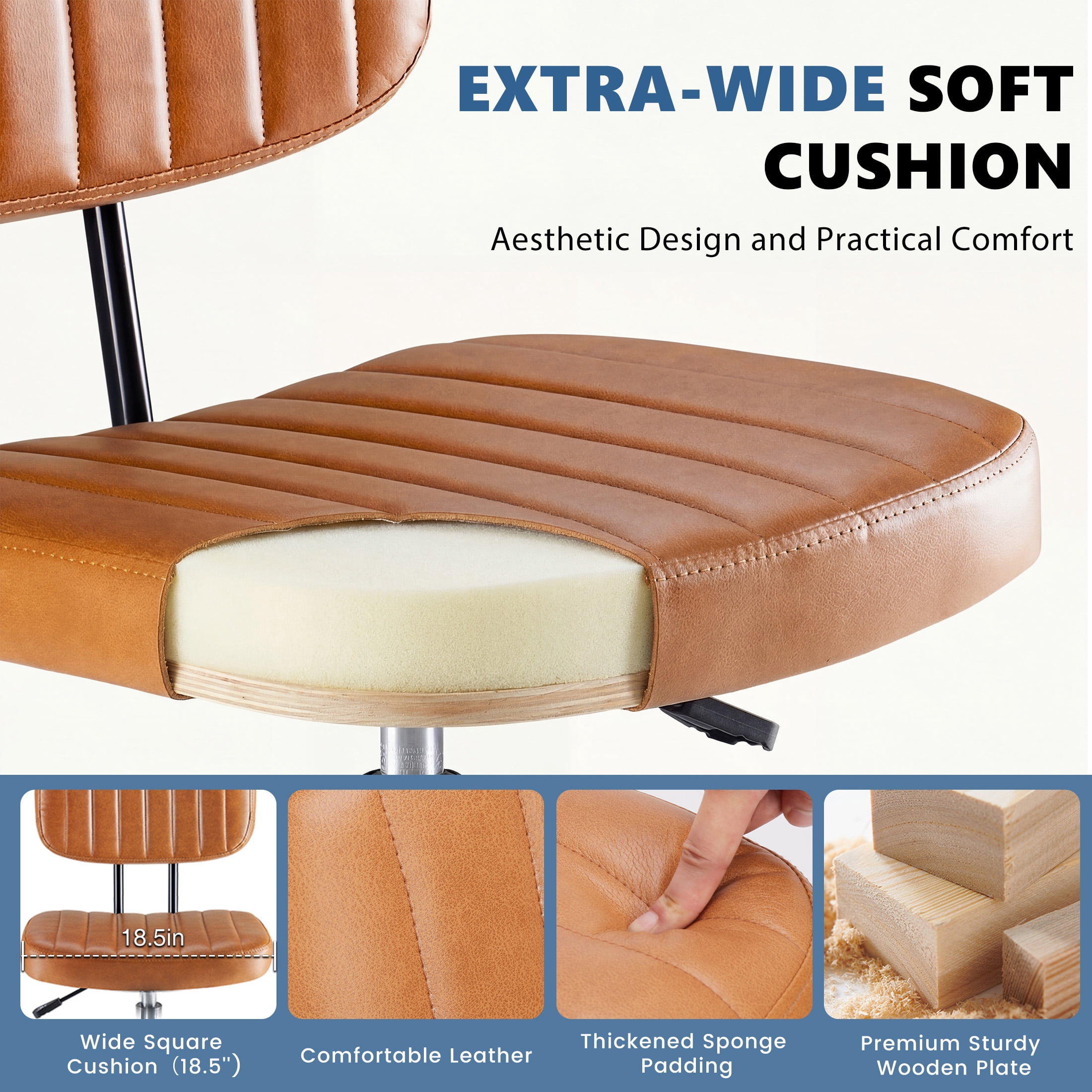 edx Adjustable Height & Foot Rest Office Desk Chairs with Backrest, PU Leather Modern Rolling Stool with Wheels 360°Swivel Task Chair for Home Office Bar Kitchen Shop(Brown)