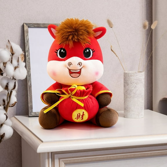 2026 Year of The Horse Mascot Plush Decoration – Chinese Red Zodiac Horse Fortune Ornament with Golden Embroidery, Lunar New Year Festival Gift & Decorative Figurine for Home Office