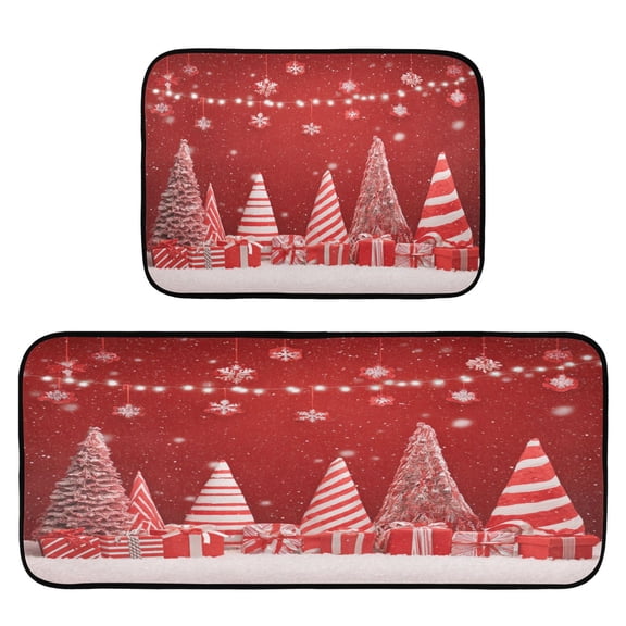 2-Piece Kitchen Rugs Set Non-Slip Mats Carpet Floor for Kitchen, Bathroom (19.7"x27.6" & 19.7"x47.2") Red Christmas Tree and Lights