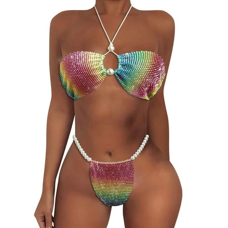 

Women Exotic Lingerie Mesh Pearl Diamond Decor 2 PCS Spring Summer Casual Club Party Vacation Sleepwear Gifts To Lovers