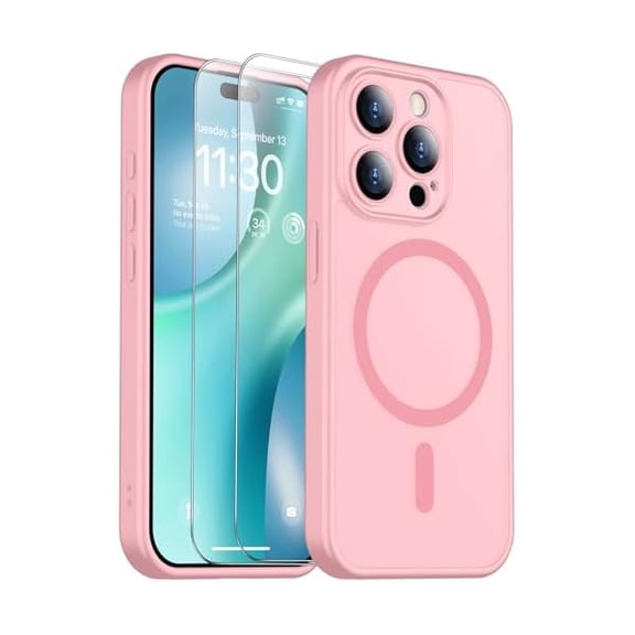 Eryueer for iPhone 15 Pro Max Case, Magnetic Translucent Matte Case with 2PCS Tempered Glass Screen Protector Slim Phone Case for iPhone 15 Pro Max 6.7'', Pink