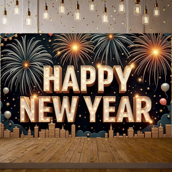 Fireworks Design Happy New Year Banner Golden Letters New Year Celebration Banner Balloon Decor City Festive Display for New Year Party New Year's Eve Family Gathering