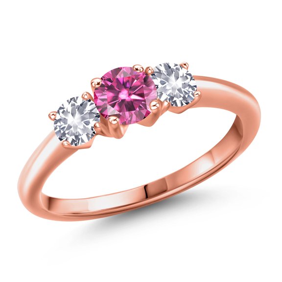 Gem Stone King 18K Rose Gold Plated Silver Pink Moissanite and White Created Sapphire Engagement Ring for Women | 1.00 Cttw | Round 5MM | Gemstone Birthstone | Size 7
