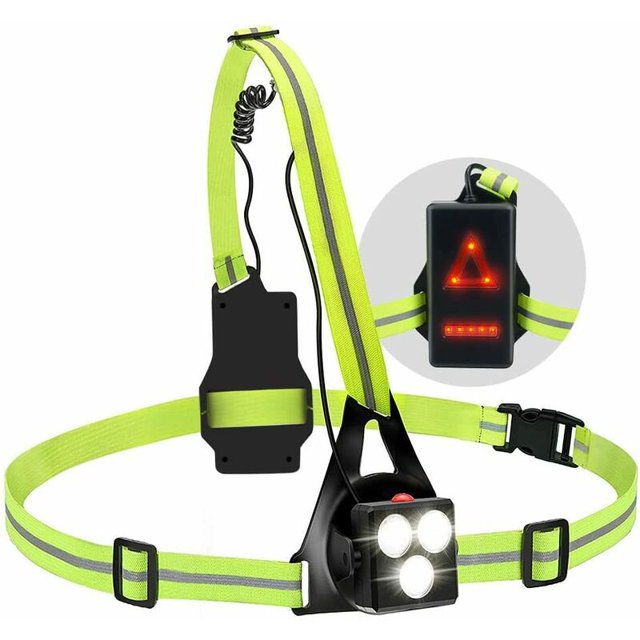 Luz de carrera, luz de carrera LED recargable por USB, luz de pecho ajustable de 120°, 500 lúmenes, luz de carrera con tiras reflectantes para trotar, caminar, deportes al aire libre esquí esquí Gafas de esquí