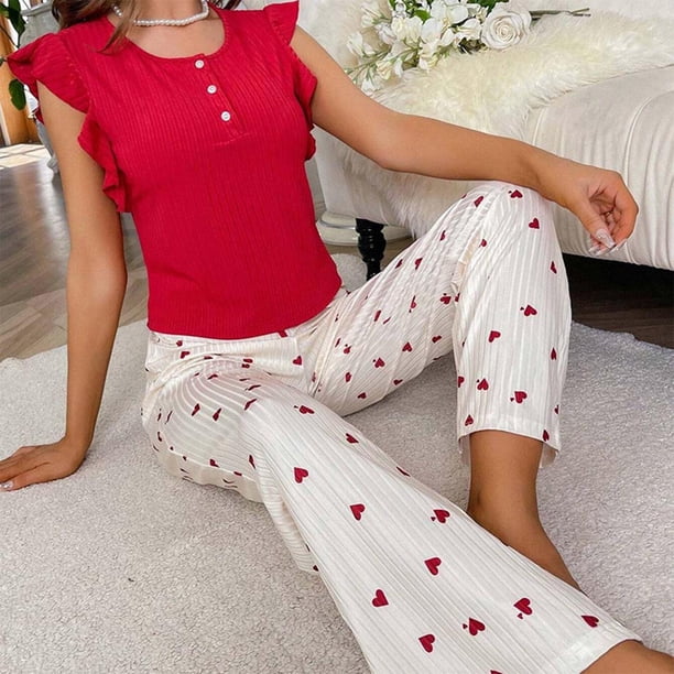 Puntoco Pijamas para mujer, moda para mujer, cuello redondo, estampado ondulado, sin mangas, cintura elástica, con cordones, pantalones estampados, conjunto de pijama