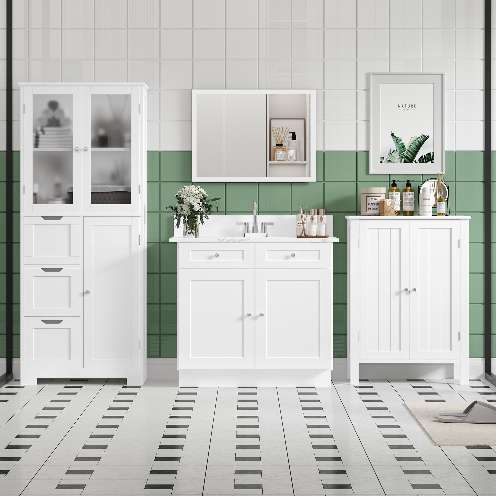 Homfa Bathroom Storage Cabinet, 56.6"H White Linen Cabinet with 3 Doors and 3 Drawers
