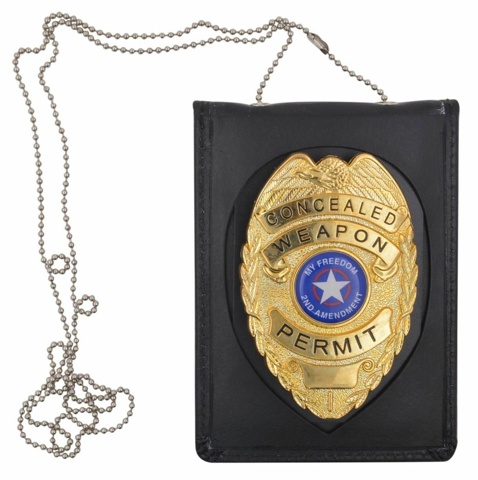 Leather Badge Holder w/Neck Chain Strap for Sheriff Police Officer Security Fire 
